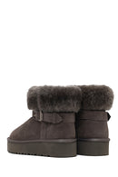 Women's Gray Thick-Soled Fur Detailed Suede Leather Teddy Boot | Derimod