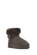 Women's Gray Thick-Soled Fur Detailed Suede Leather Teddy Boot | Derimod