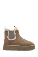 Women's Mink Thick-Soled Patterned Suede Leather Teddy Boot | Derimod
