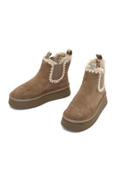 Women's Mink Thick-Soled Patterned Suede Leather Teddy Boot | Derimod