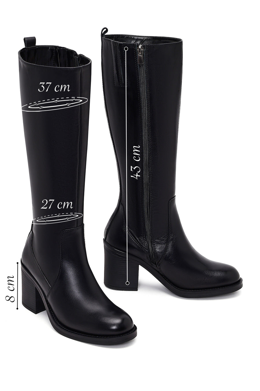 Women's Black Zippered Thick Heel Leather Boots