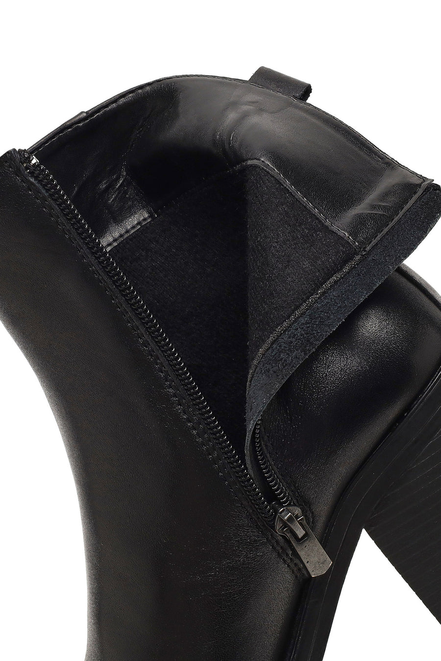 Women's Black Zippered Thick Heeled Leather Boot