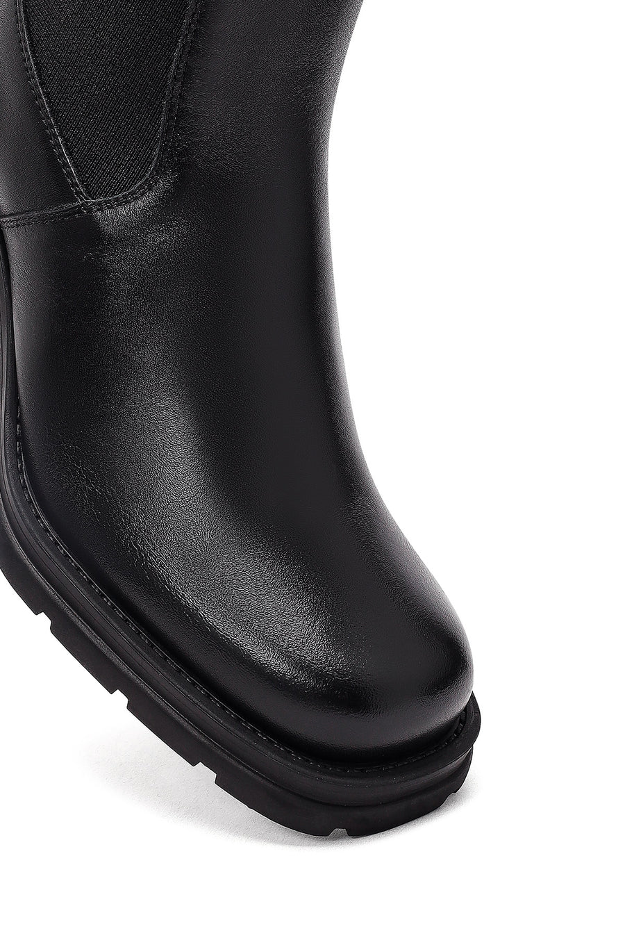 Women's Black Zippered Thick Heeled Leather Boot