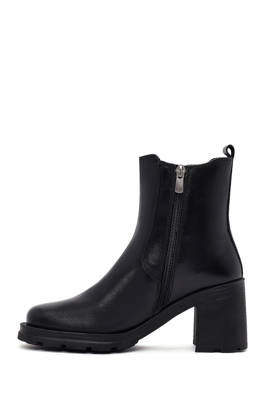 Women's Black Zippered Thick Heeled Leather Boot