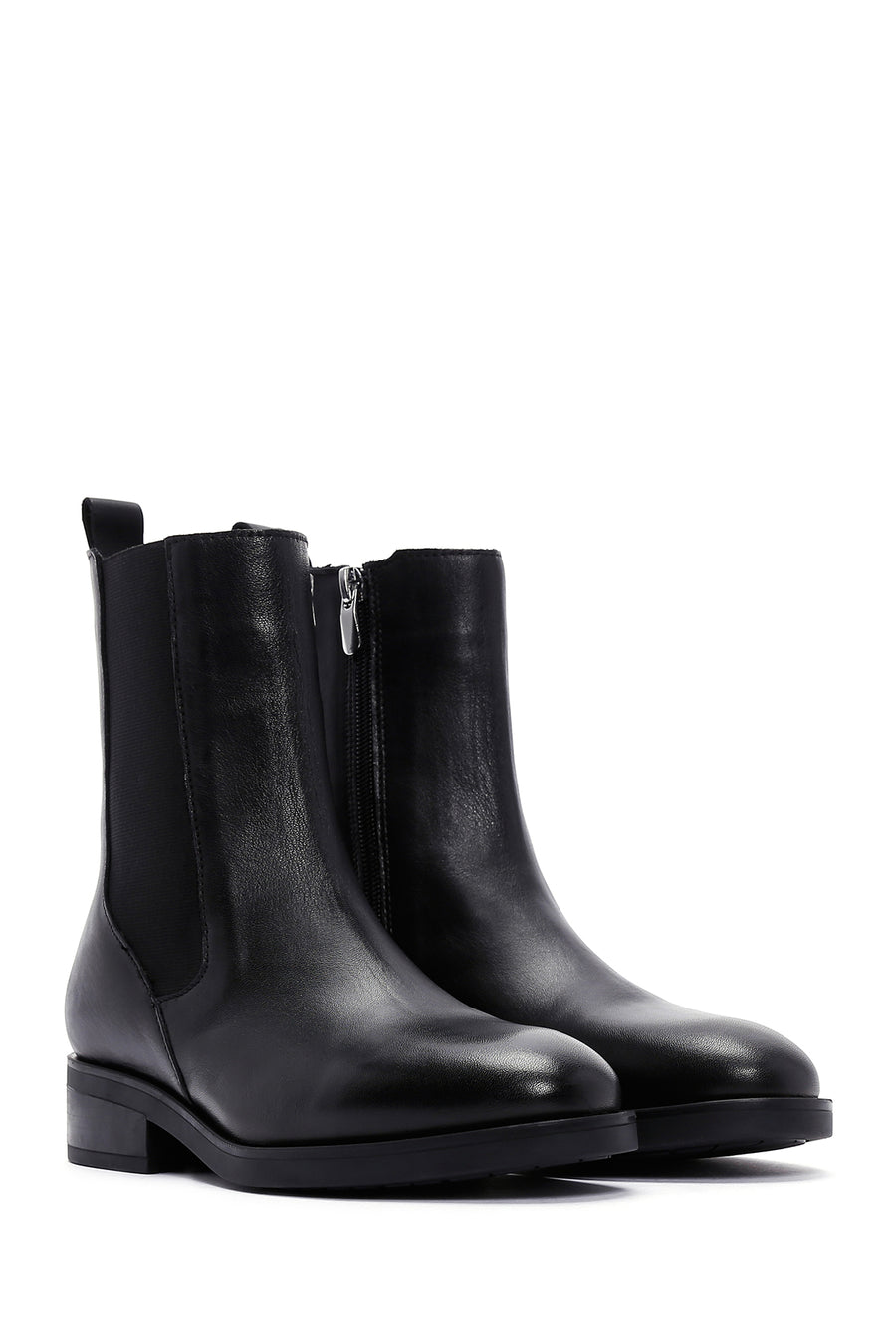 Woman Black Zippered Leather Casual Boots