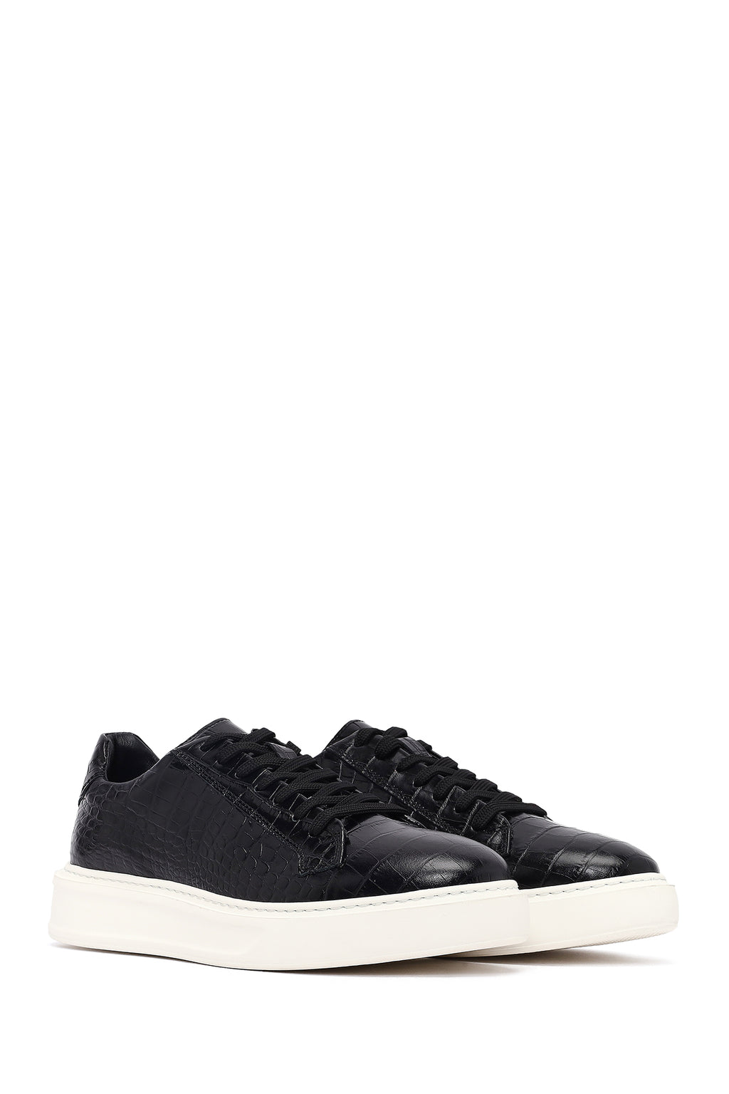 Erkek Siyah Kroko Bağcıklı Deri Sneaker