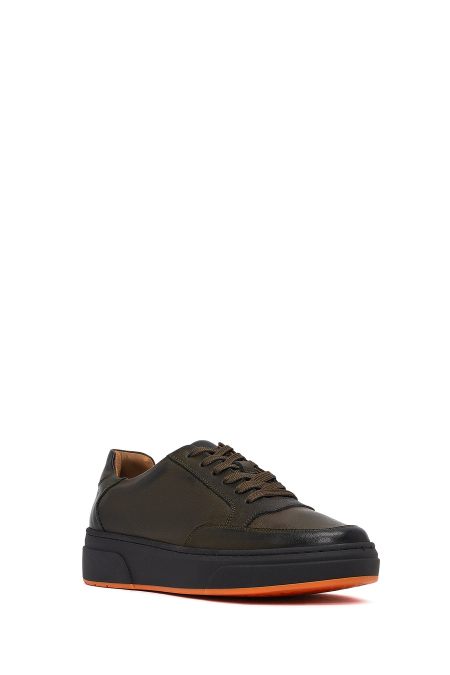 Men's Khaki Lace-Up Thick-Soled Leather Sneakers