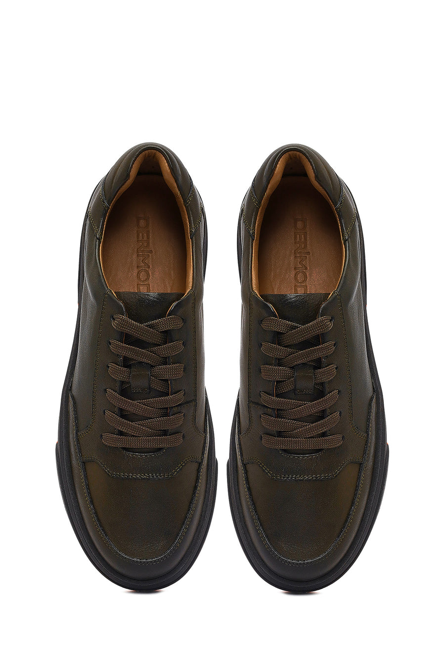Men's Khaki Lace-Up Thick-Soled Leather Sneakers