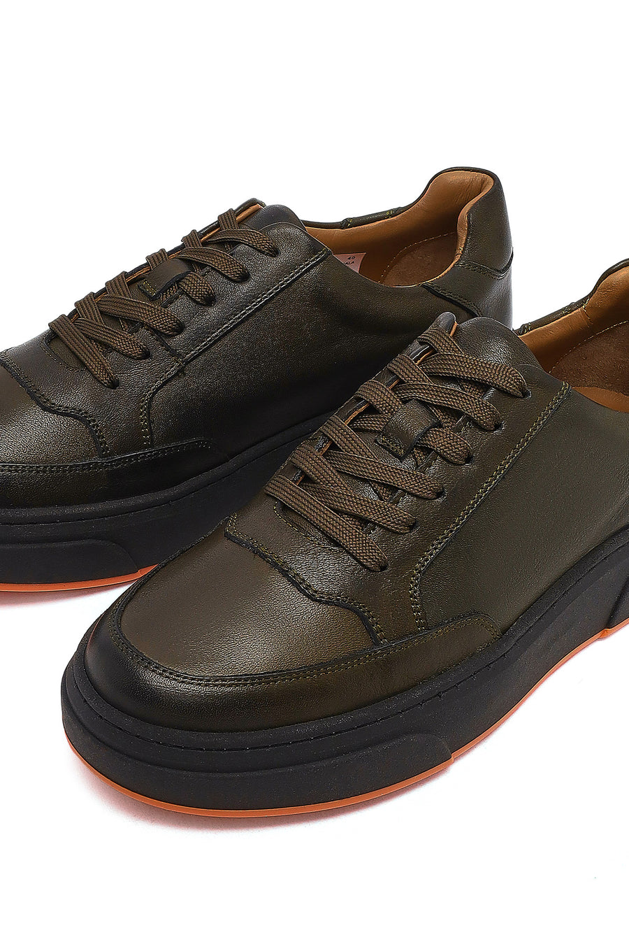 Men's Khaki Lace-Up Thick-Soled Leather Sneakers