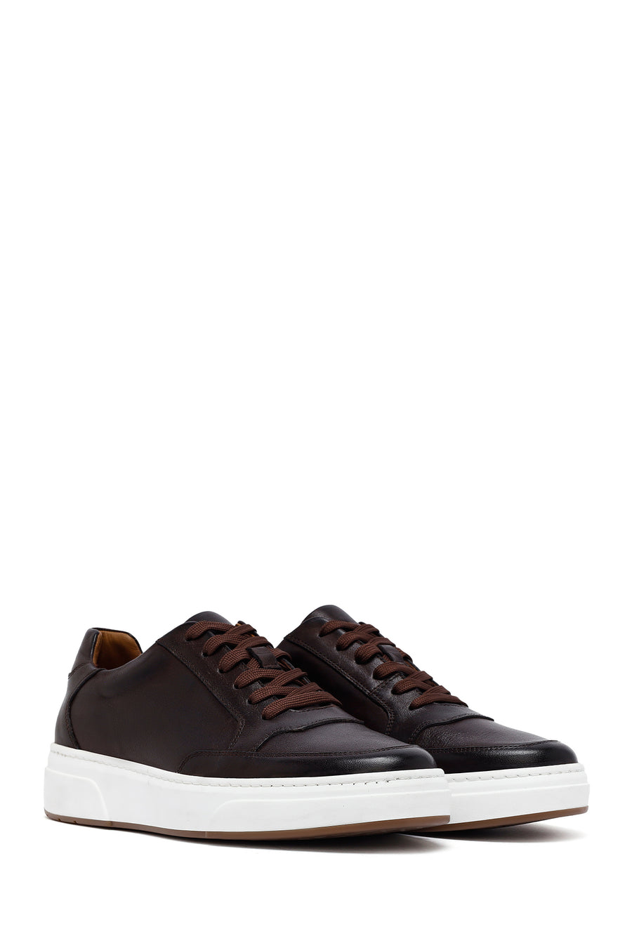 Men's Brown Lace-Up Thick-Soled Leather Sneakers