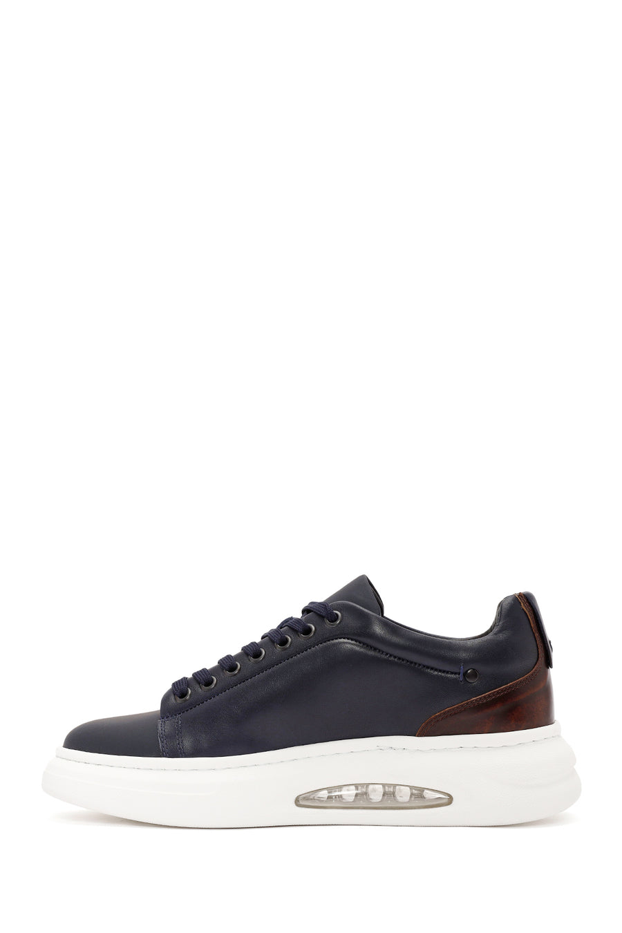 Men's Navy Blue Lace-Up Thick-Soled Leather Sneakers