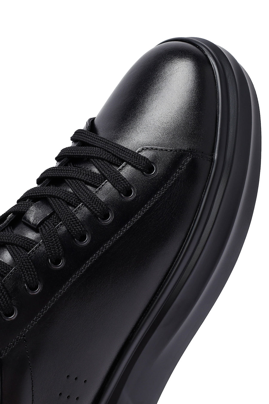 Men's Black Lace-Up Thick Sole Leather Sneakers