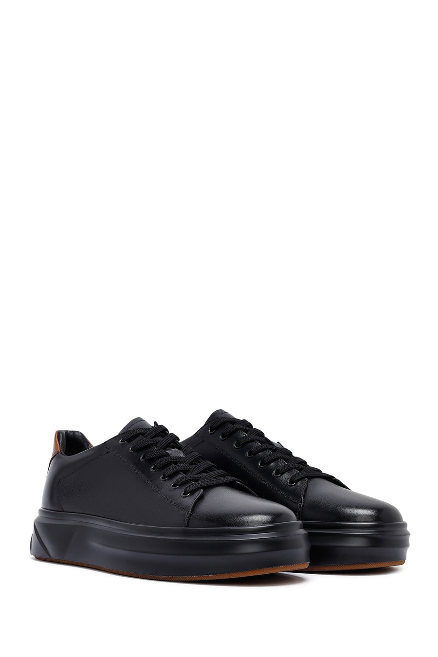Men's Black Lace-Up Thick Sole Leather Sneakers