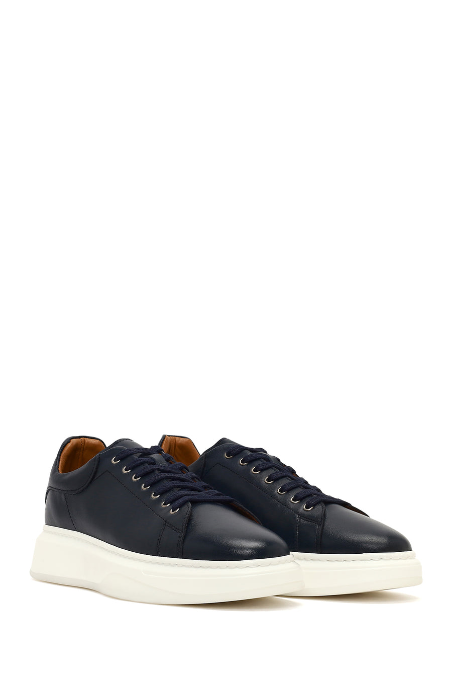 Men's Navy Blue Lace-Up Thick Sole Leather Sneaker