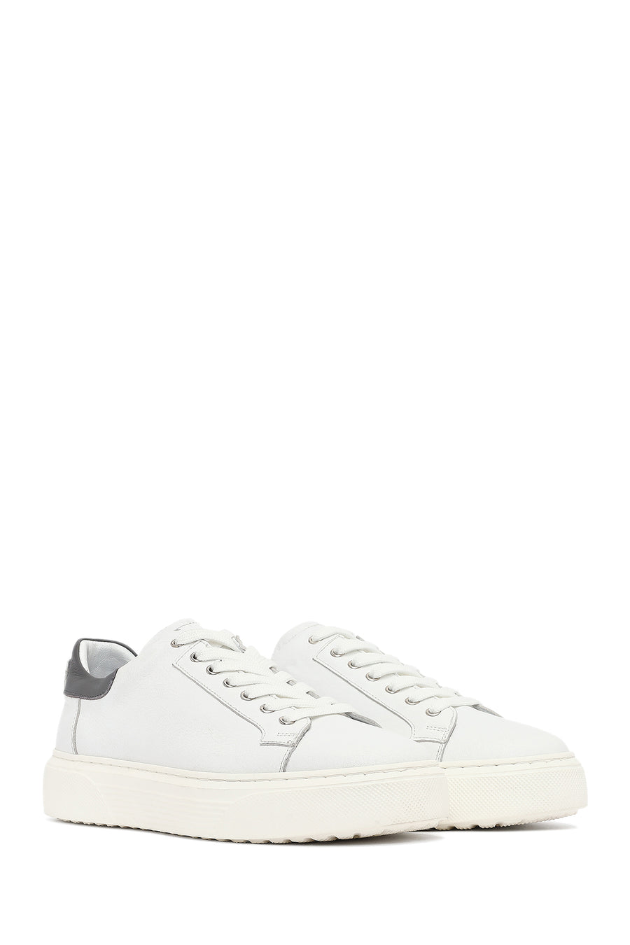 Men's White Lace-Up Thick-Soled Leather Sneakers