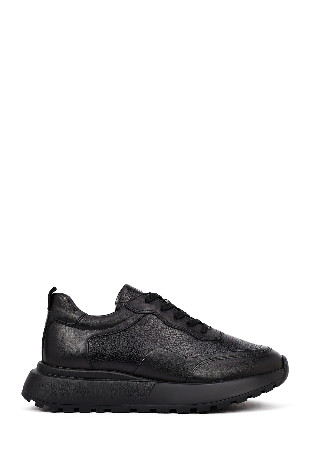 Erkek Siyah Bağcıklı Kalın Tabanlı Deri Sneaker