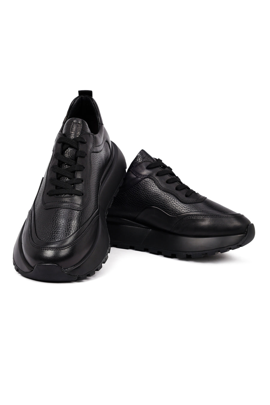 Erkek Siyah Bağcıklı Kalın Tabanlı Deri Sneaker