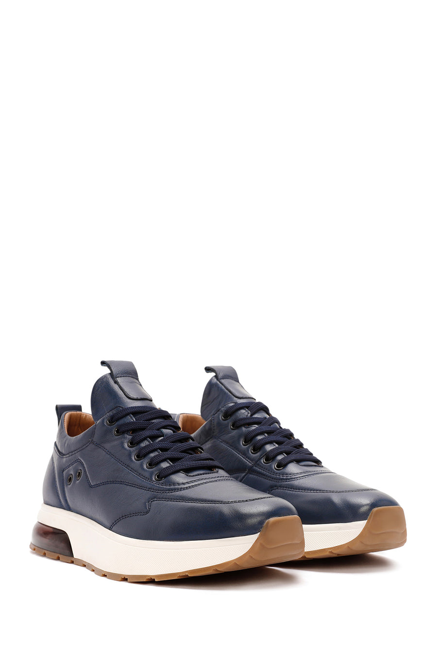 Men's Navy Blue Lace-Up Thick-Soled Leather Sneakers