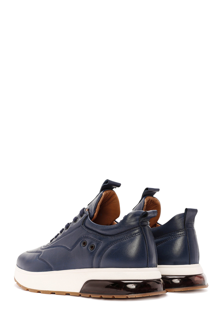Men's Navy Blue Lace-Up Thick-Soled Leather Sneakers