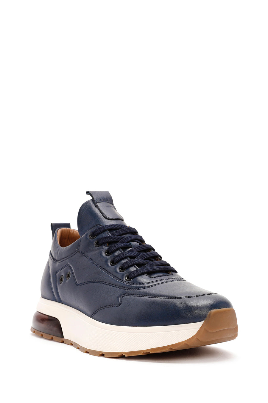 Men's Navy Blue Lace-Up Thick-Soled Leather Sneakers