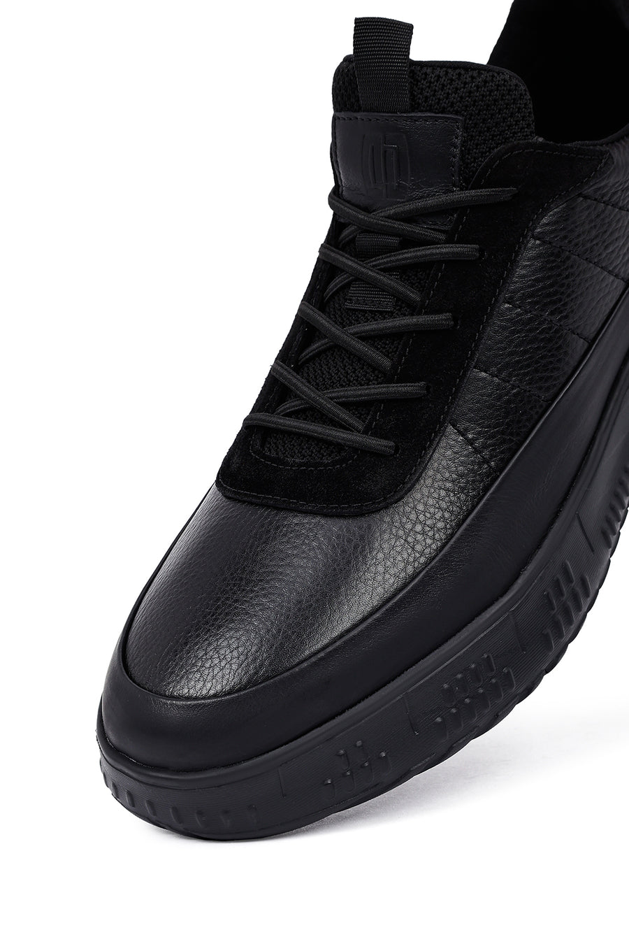 Men's Black Lace-Up Thick Sole Leather Sneakers