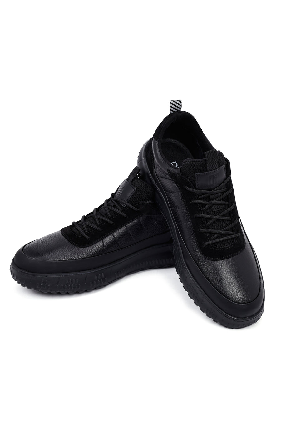 Men's Black Lace-Up Thick Sole Leather Sneakers