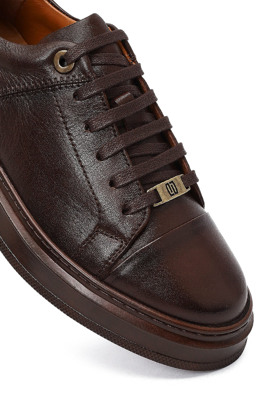 Erkek Kahverengi Bağcıklı Deri Sneaker