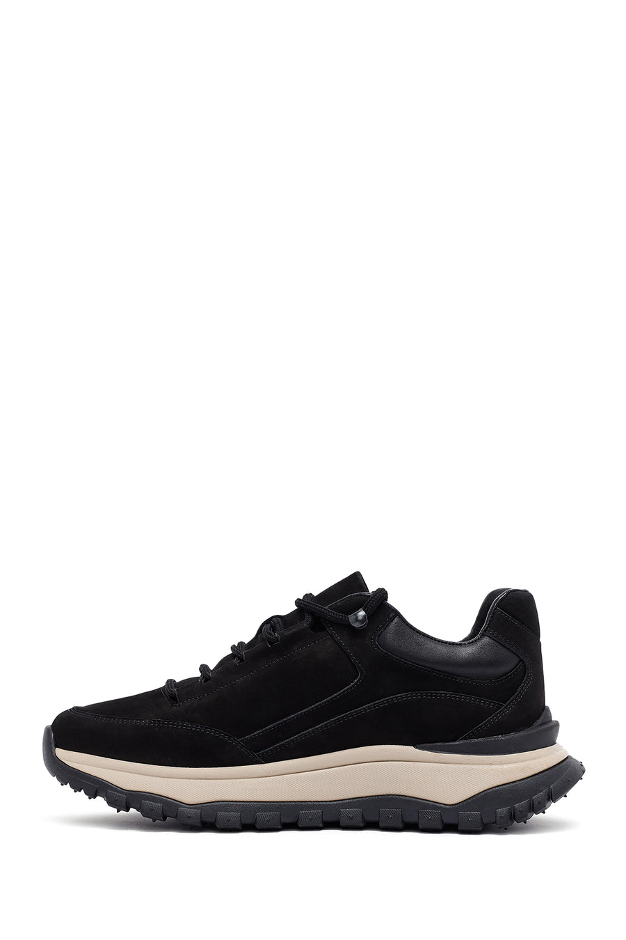 Men's Black Lace-Up Thick-Soled Nubuck Leather Casual Sneaker