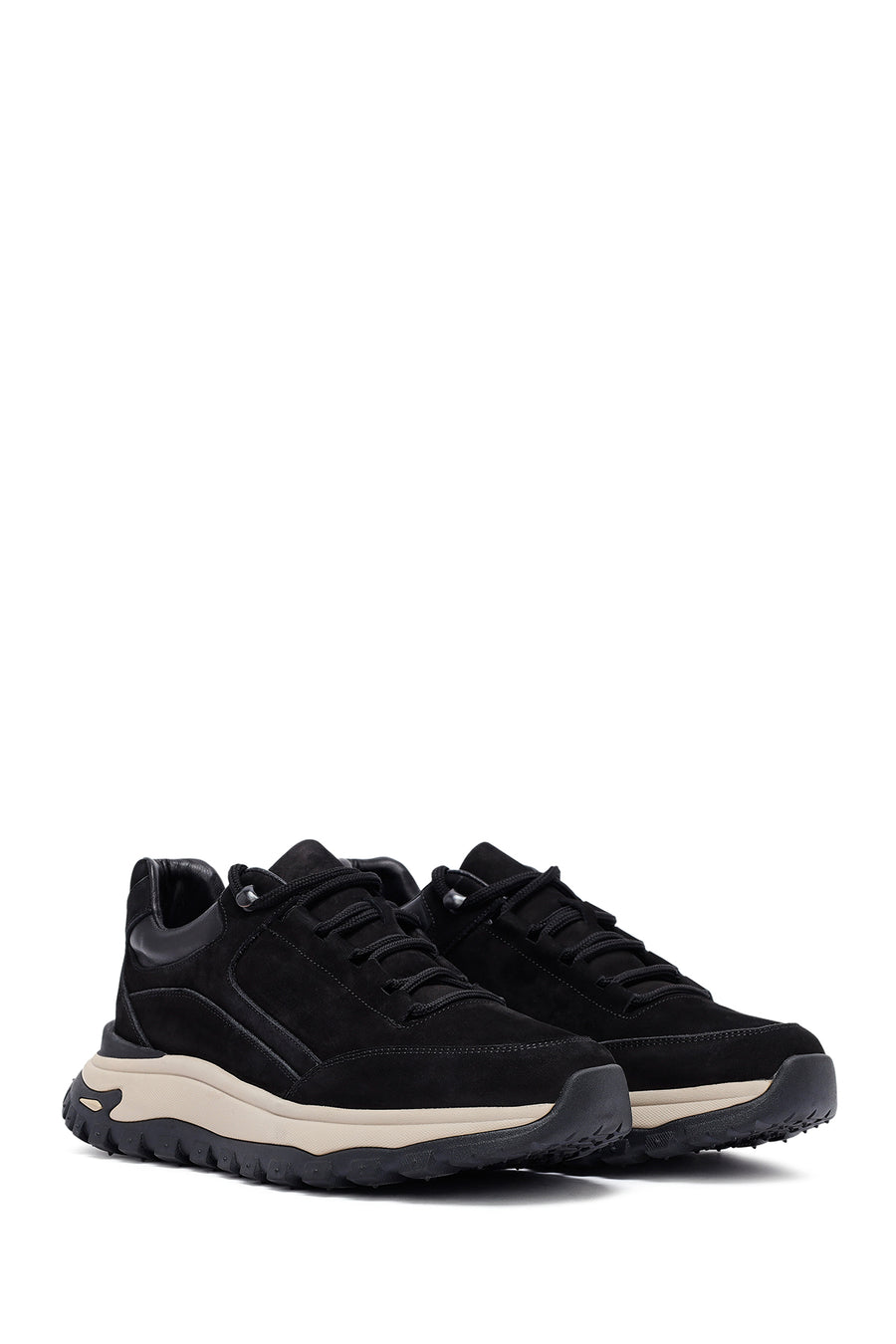 Men's Black Lace-Up Thick-Soled Nubuck Leather Casual Sneaker