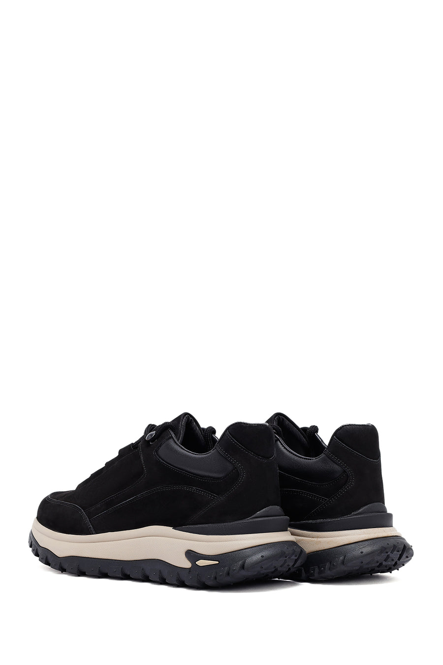 Men's Black Lace-Up Thick-Soled Nubuck Leather Casual Sneaker