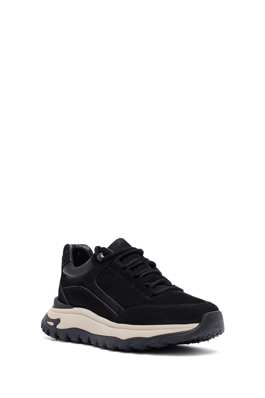 Men's Black Lace-Up Thick-Soled Nubuck Leather Casual Sneaker