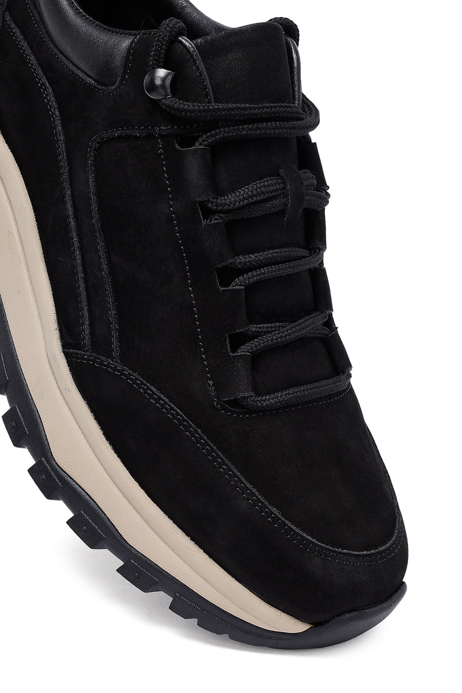 Men's Black Lace-Up Thick-Soled Nubuck Leather Casual Sneaker