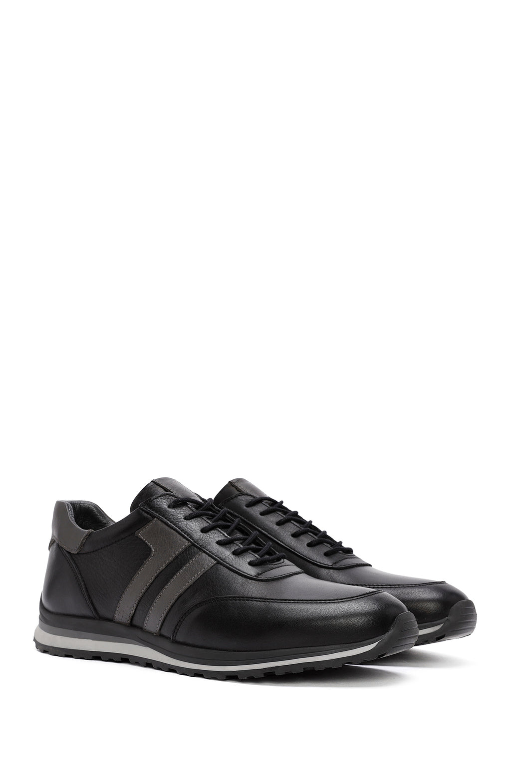 Erkek Siyah Bağcıklı Deri Casual Sneaker