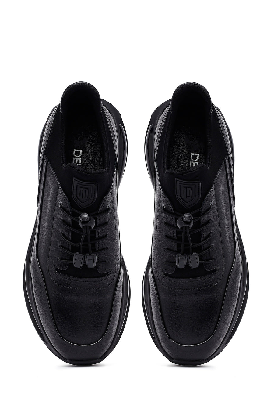 Men's Black Lace-Up Thick-Soled Leather Casual Sneakers