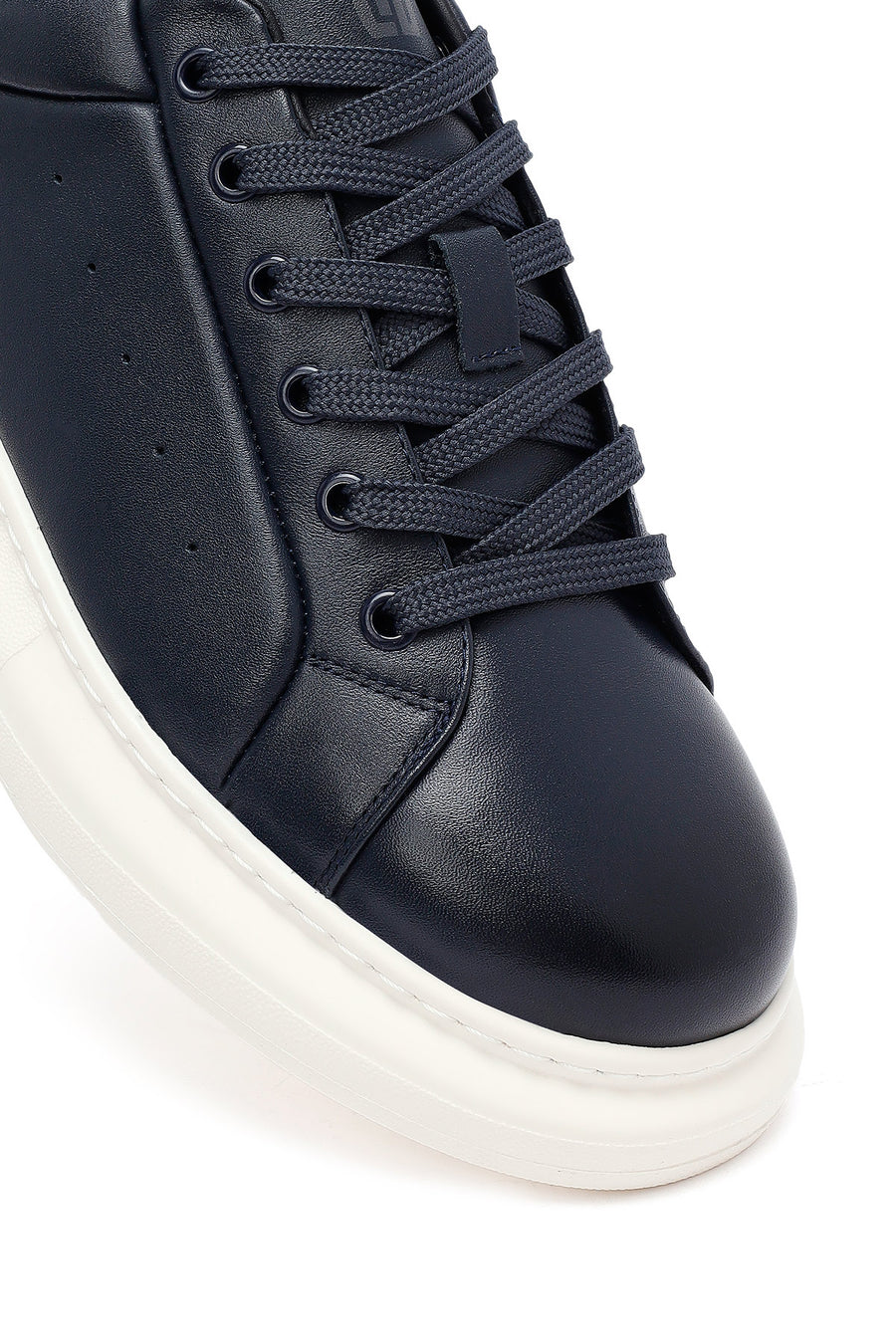 Erkek Lacivert Bağcıklı Kalın Tabanlı Deri Sneaker