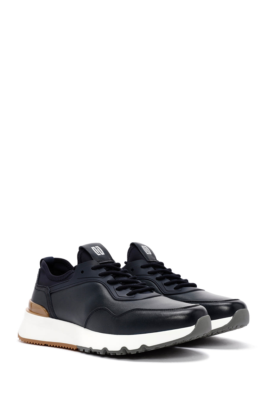 Men's Navy Blue Lace-Up Thick-Soled Leather Casual Sneakers