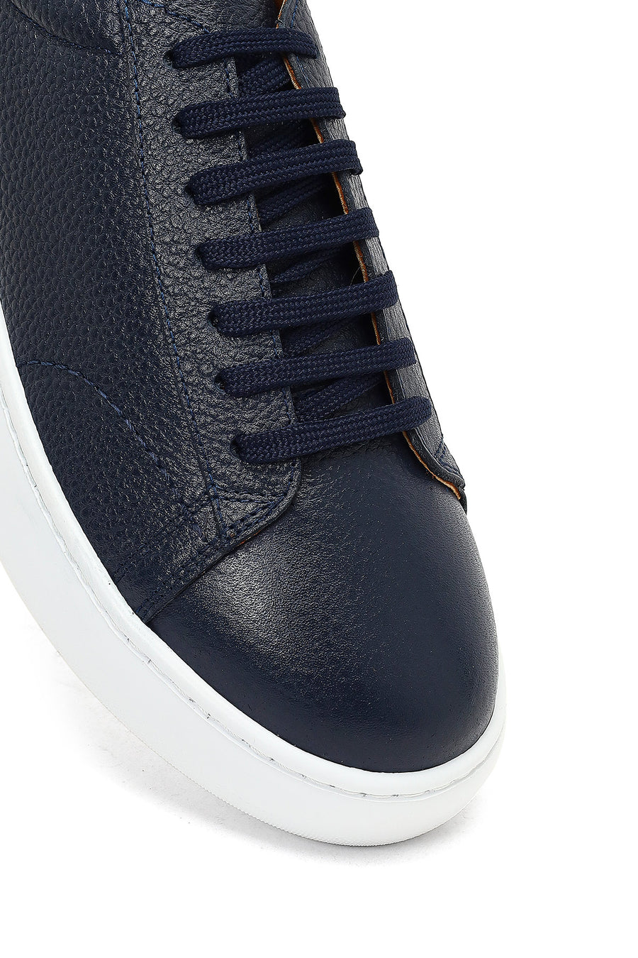 Erkek Lacivert Bağcıklı Kalın Tabanlı Deri Sneaker