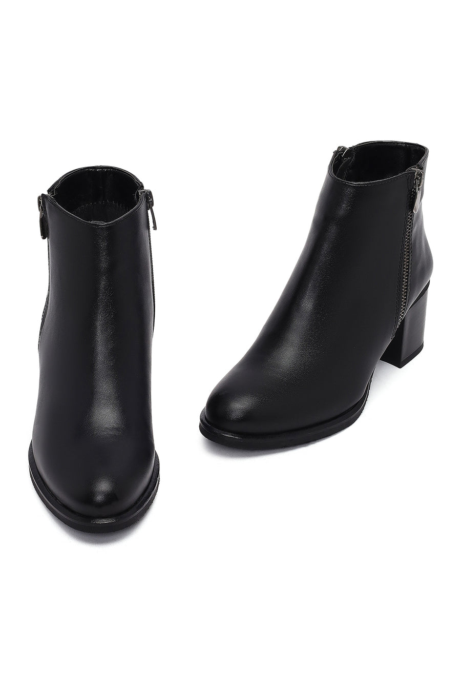 Woman Black Zippered Thick Heel Boots