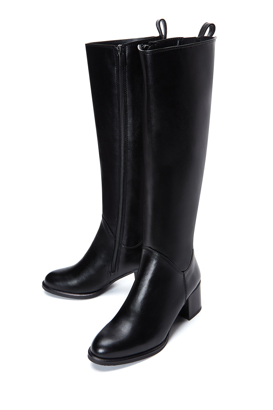 Woman Black Zippered Thick Heeled Boots