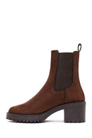 Women's Brown Thick Heeled Suede Chelsea Boot | Derimod