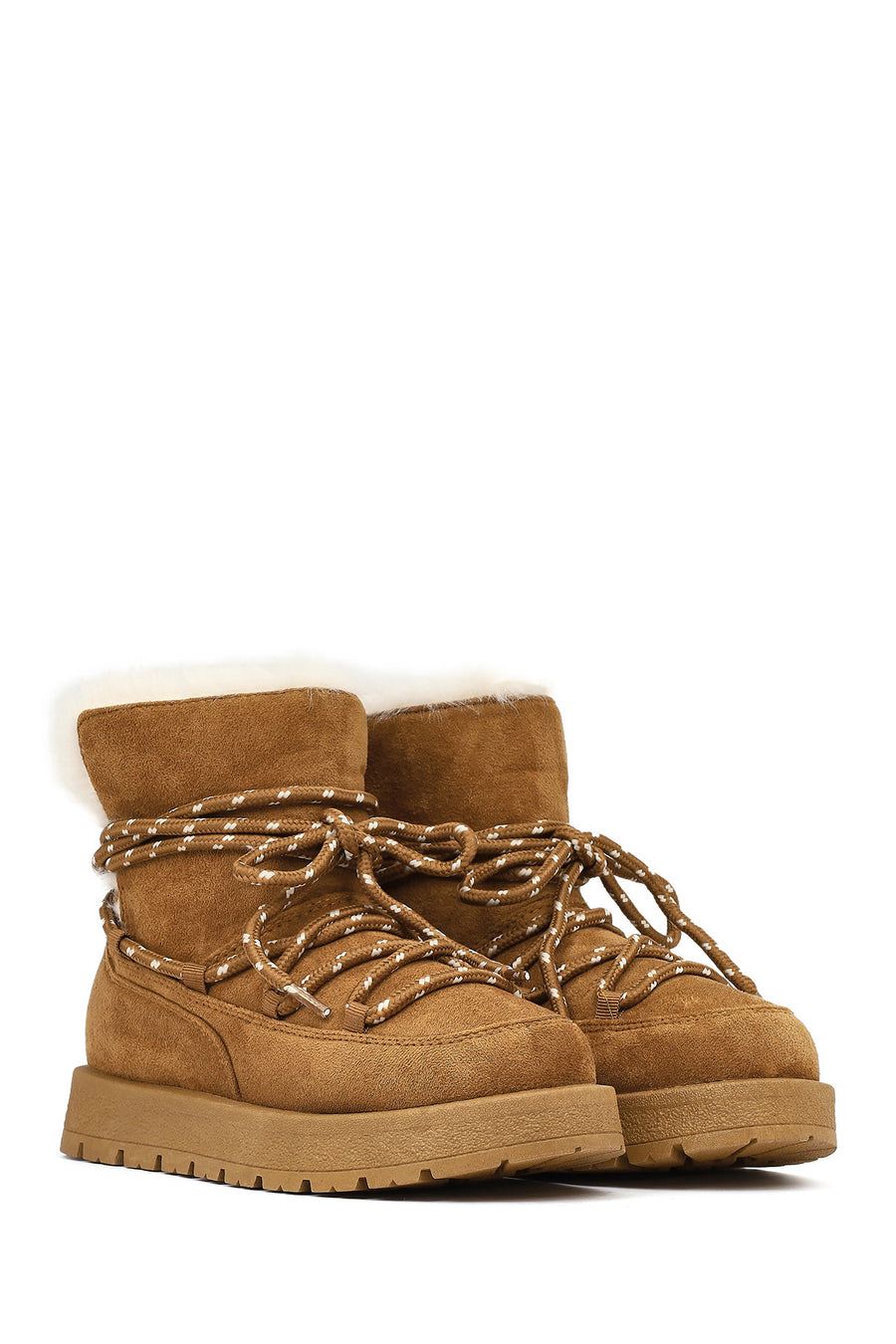 Women's Tan Lace-Up Chunky Sole Suede Teddy Boots