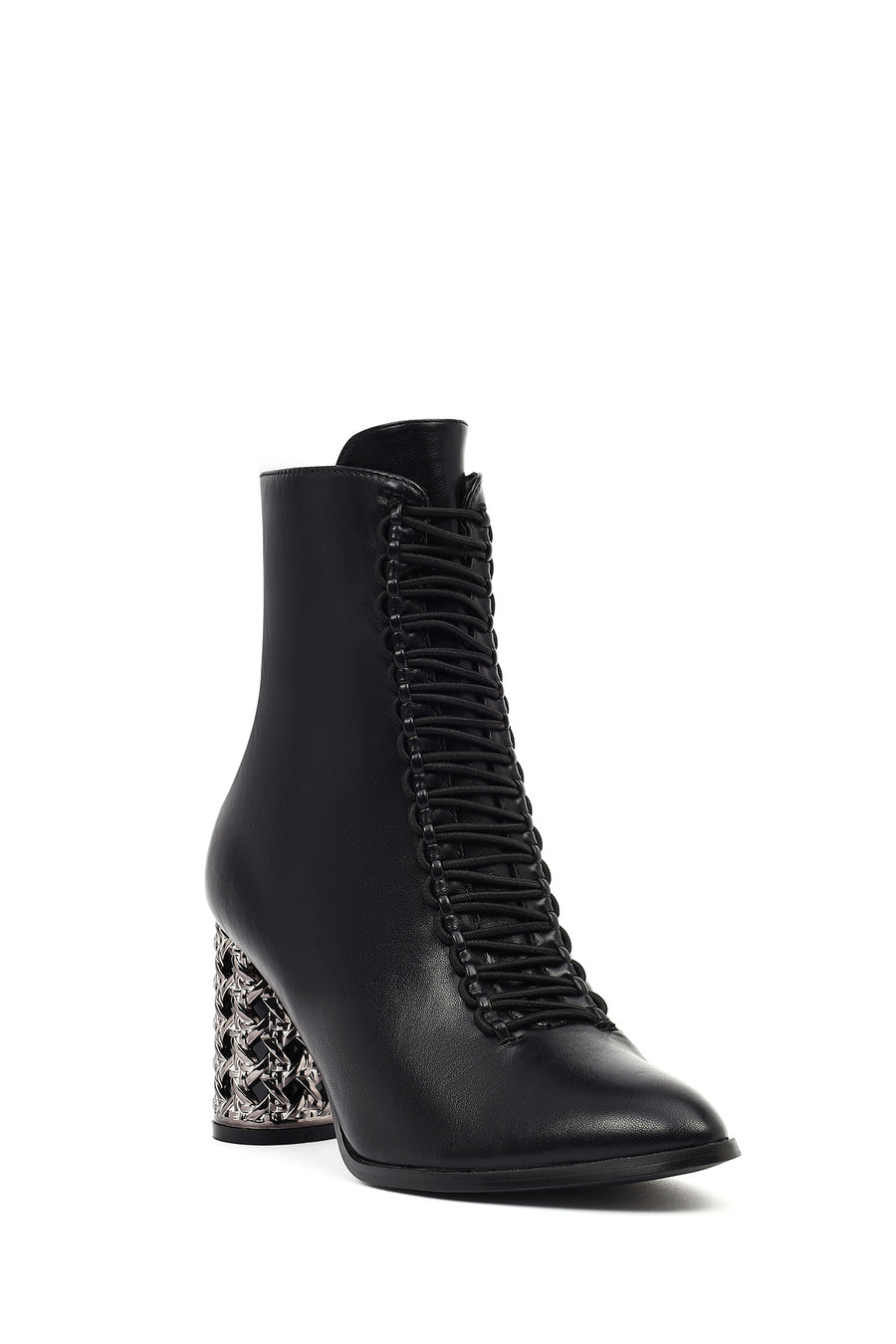 Women's Black Lace-Up Zippered Thick Heeled Boots