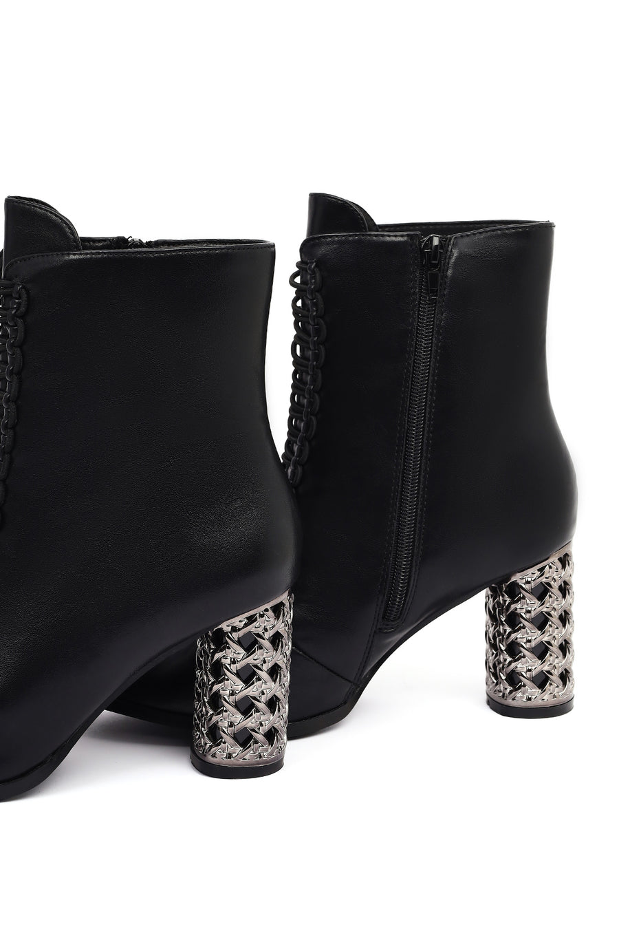 Women's Black Lace-Up Zippered Thick Heeled Boots