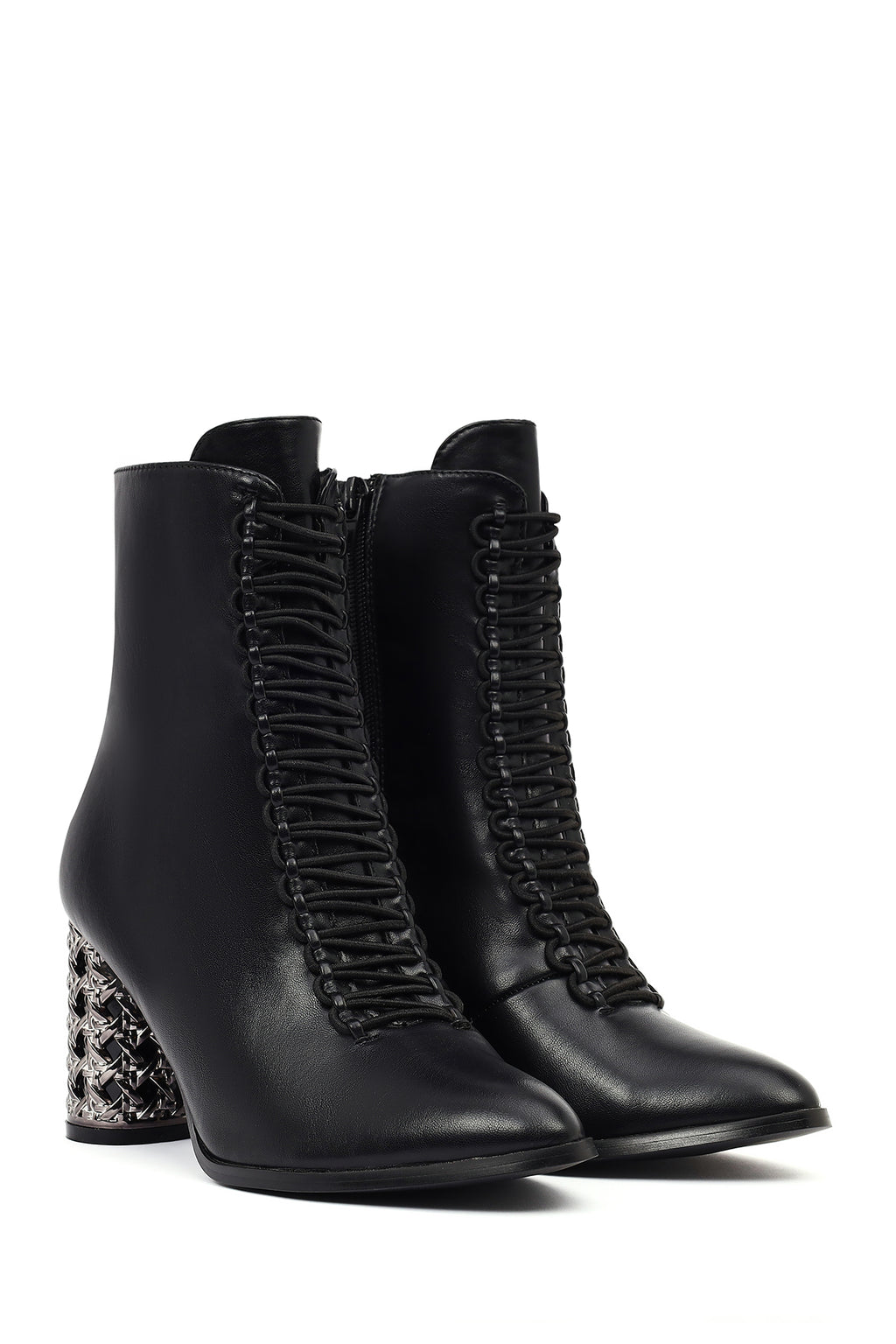 Kadın Siyah Bağcıklı Fermuarlı Kalın Topuklu Bot