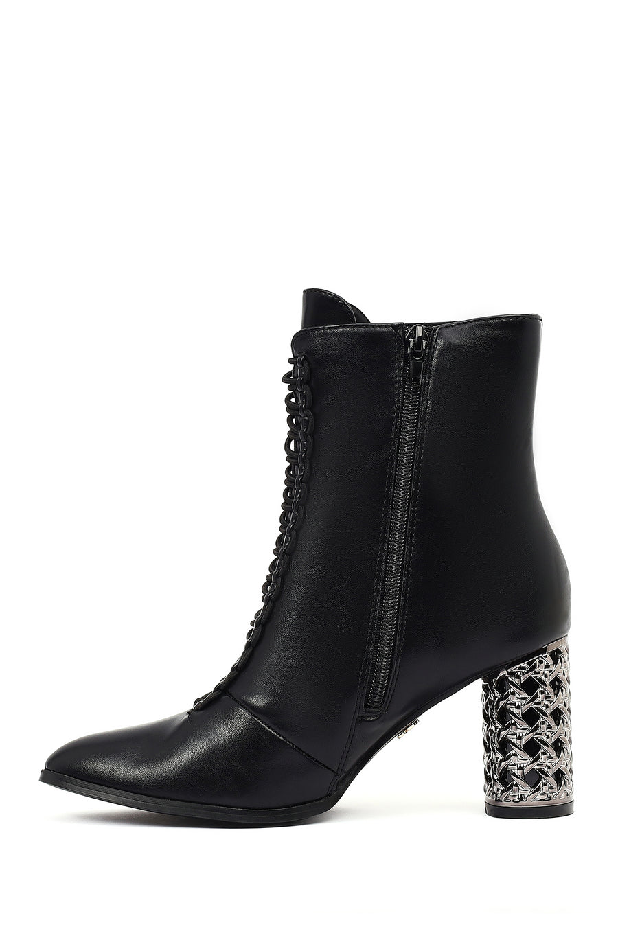 Women's Black Lace-Up Zippered Thick Heeled Boots