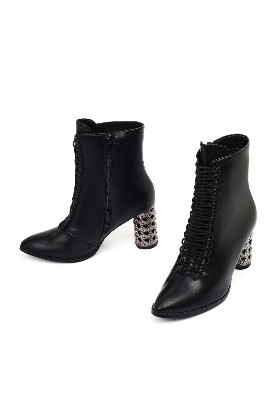 Women's Black Lace-Up Zippered Thick Heeled Boots