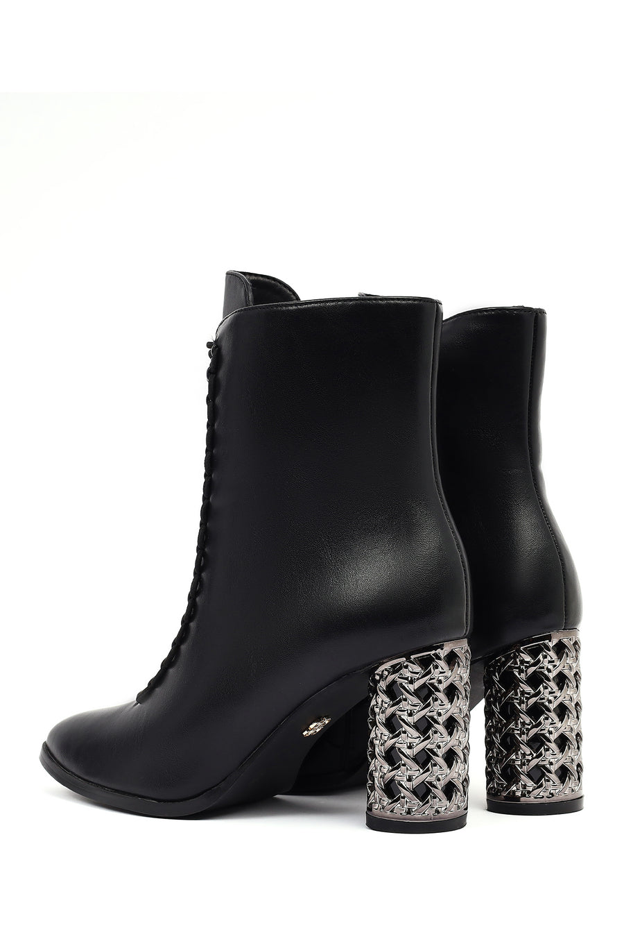 Women's Black Lace-Up Zippered Thick Heeled Boots