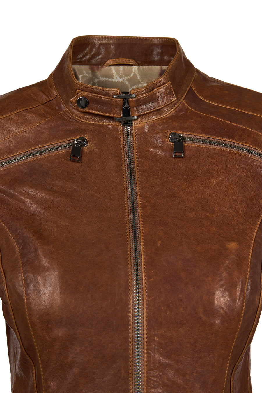 Brazil Woman Whisky Mandarin Collar Short Leather Jacket