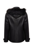 Chantal Women's Black Hooded Fur Oversize Leather Coat | Derimod