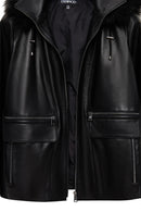 Chantal Women's Black Hooded Fur Oversize Leather Coat | Derimod